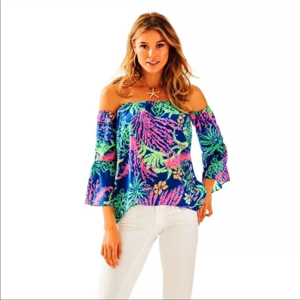 Lilly Pulitzer Navy Off-Shoulder Tropical Print Blouse
